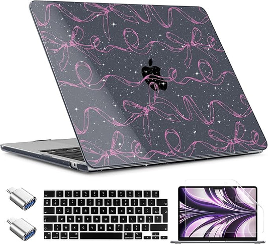 TWOLSKOO for MacBook Air 13 inch Case M5 2026 M4 2025 M3 M2 2024-2022 A3449 A3240 A3113 A2681, Plastic Hard Shell & Keyboard Cover & Type C for MacBook Air 13.6 inch Case, Sparkly Bows