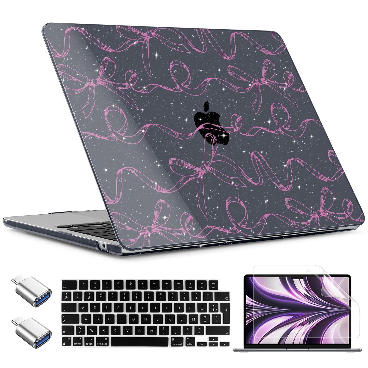TWOLSKOO for MacBook Air 15 inch Case 2026 2025 2024 2023 Release M5 A3448 M4 A3241 M3 A3114 M2 A2941, Plastic Hard Shell & Screen Protector & Keyboard Cover & Type C Adapter, Sparkly Bows