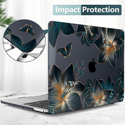 TWOLSKOO Compatible with MacBook Pro 13 inch Case 2023-2016 A2338 M2/M1 A2251 A2289 A2159 A1989 A1706, Plastic Hard Shell Cover & Keyboard Skin & Screen Protector - Golden Lilies