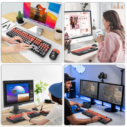 Wireless Keyboard and Mouse Combo, 104 Round Keys Cute Colorful Keyboard and Mouse with Retro Typewriter for PC/Mac/Laptop/Tablet/Computer/Windows Black Red