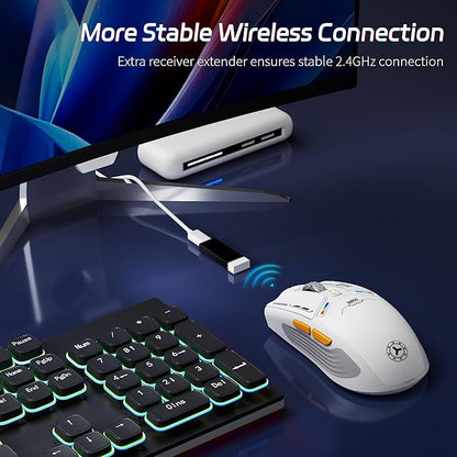 TENMOS M530 Wireless Gaming Mouse, 2.4G/Bluetooth/USB C Wired Rechargeable Mouse, 12000 DPI, RGB, 6 Programmable Buttons, Honeycomb Magnetic Cover, with Receiver Extender for Laptop/PC/Mac, White