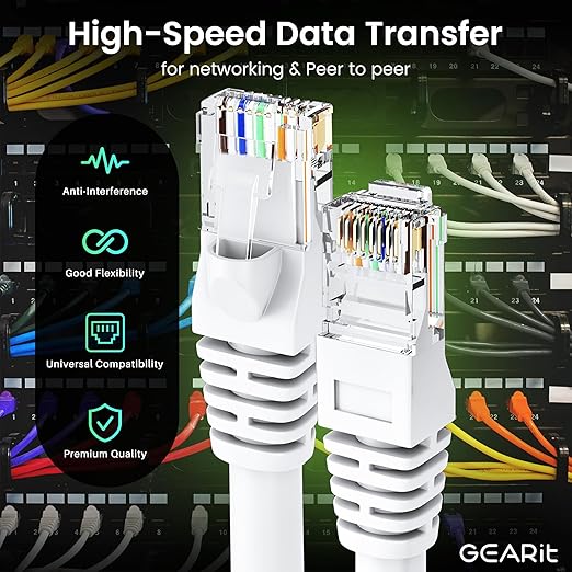 GEARit Cat 6 Ethernet Cable (100-Pack 3 Feet) Cat6 Network Patch, 10Gbps, RJ45, Snagless Cord, Gold-Plated Connectors, Internet for PC, TV, Tablet, Router, Printer, Servers, IT Data Center - White