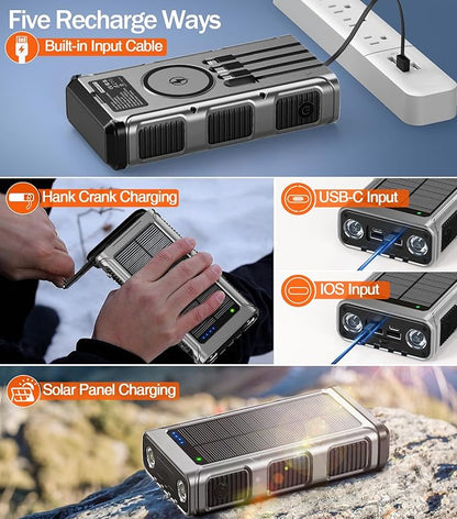 GOODaaa Power Bank Wireless Charger 45800mAh Built in Hand Crank and 4 Cables 15W Fast Charging Power Bank 7 Outputs & 4 Inputs Solar Portable Charger, SOS/Strobe/Strong Flashlights, Compass