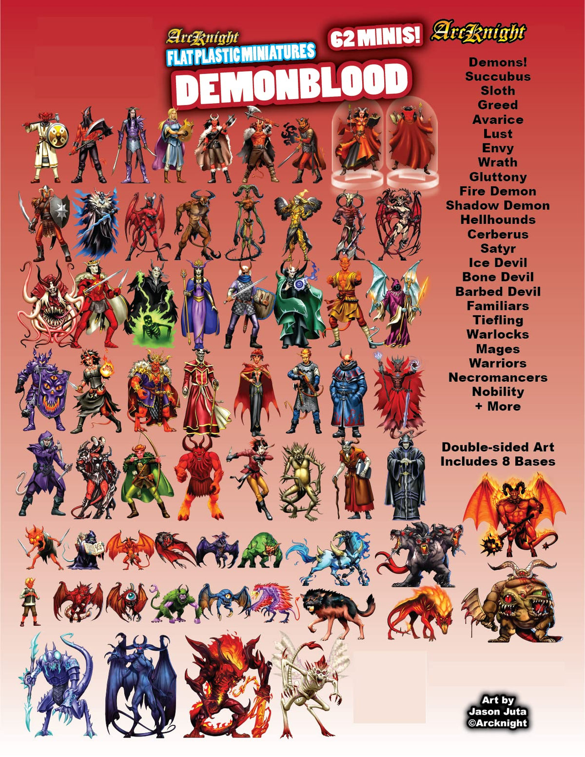 Arcknight Flat Plastic Miniatures: Demon Blood; 62 Unique Infernal-Themed Minis for DND 5e and Pathfinder; Affordable, Skinny Figurines for Dungeons and Dragons and Other Tabletop RPG Games