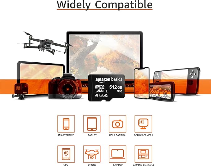 Amazon Basics Micro SDXC Memory Card with Full Size Adapter, A2, U3, Read Speed up to 100 MB/s, 512 GB, Black