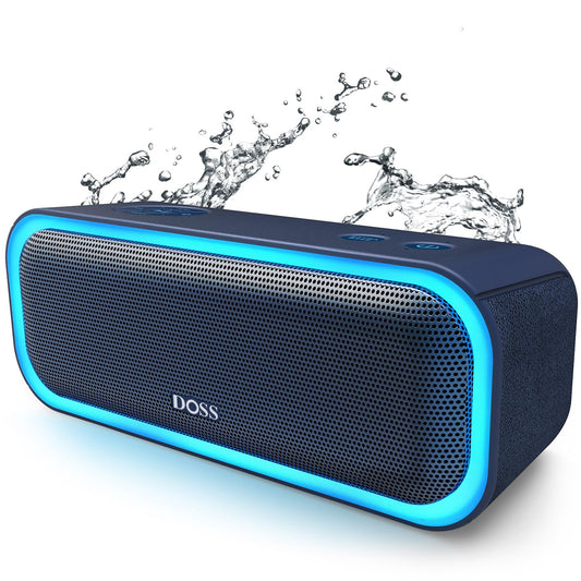 DOSS SoundBox Pro Bluetooth Speaker, 20W Stereo Sound, Active Extra Bass, 20H Playtime, Multi-Colors Lights, Wireless Stereo Pairing, IPX6 Waterproof for Garden, Hiking, Camping, Beach, Party-Blue