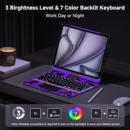 Keyboard Case for iPad 11 inch Pro 4/3/2/1st Gen & 11’’ iPad Air 2025 M3, 2024 M2 & 10.9" iPad Air 5th/4th Gen, 360° Rotating Stand Transparent Protective Cover with Pencil Holder (Purple)