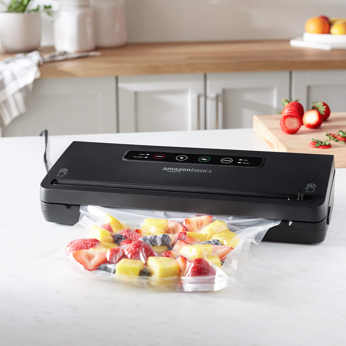 Amazon Basics Vacuum Sealer Machine for Food Preservation with Dry/Moist Mode, Built-in Cutter and Air Suction Hose, Black