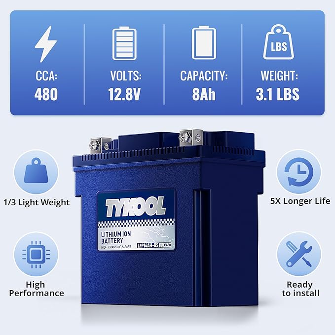 TYKOOL YTX14AH-BS High Performance LiFePO4 Lithium ATV Battery,12V 8Ah,480CCA,5X Longer Life,Digital Readout,Fits for Polaris Sportsman 500 ATV,UTV,Motorcycle, Snow mobile,Polarity:[+ -]