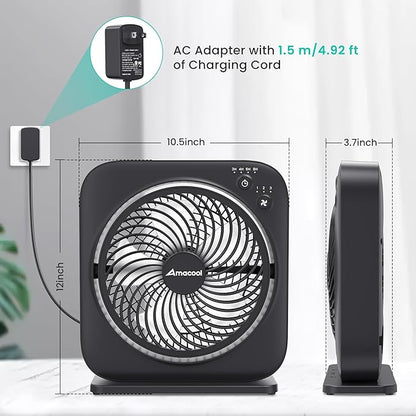 AMACOOL Table Fan, 12 inch Box Fan with 3 Adjustable Speeds & 8HRS Timer, 270° Pivoting Quiet Air Circulator, Desktop Fan for Bedroom Bathroom Kitchen Office, AC Adapter Included-Black