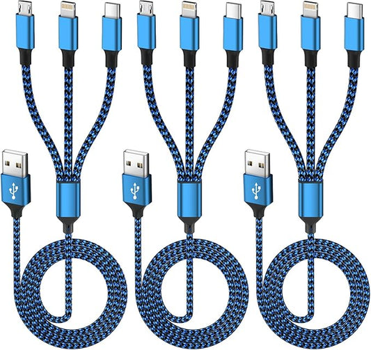 Multi Charging Cable(3Pack 4FT), 3 in 1 Charging Cable for Multiple Devices, USB-A Multi Charger Cord with Type-C, Micro USB and IP Port for iPhone 16/15/14/13/iPad/Android/Tablets and More