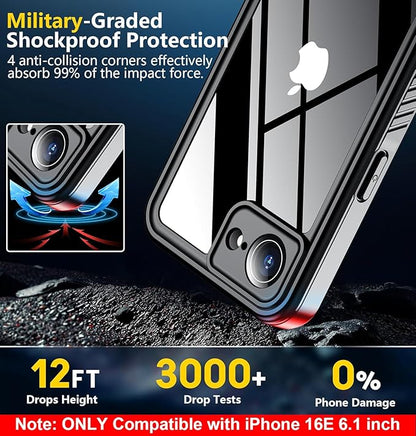 SPIDERCASE for iPhone 16e Case Waterproof,Built-in Screen & Camera Lens Protector[IP68 Underwater] Full Body Protection Phone Case for iPhone 16e 6.1'', Black/Clear