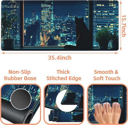 Mouse Pad Large Black Cat Non-Slip Gaming Desk Mat with Stitched Edge Laptop Keyboard Desk Pad for Work Home Gaming (35.4 x 15.7 Inches)
