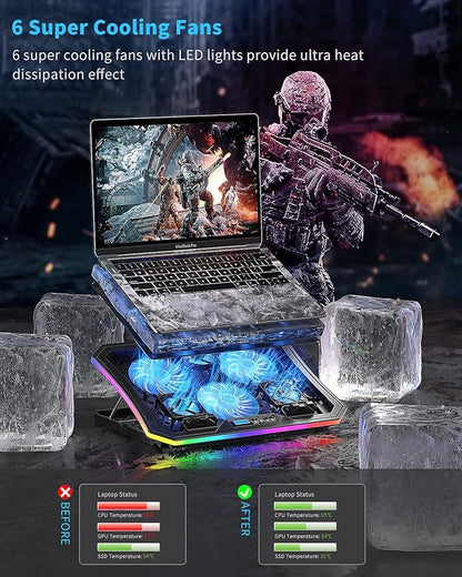 KeiBn Upgarde Laptop Cooling Pad, RGB Lights Laptop Cooler 6 Fans for 15.6-17.3 Inch Laptops, 7 Height Stands, 10 Modes Light, 2 USB Ports, Desk or Lap Use (A8,Blue)