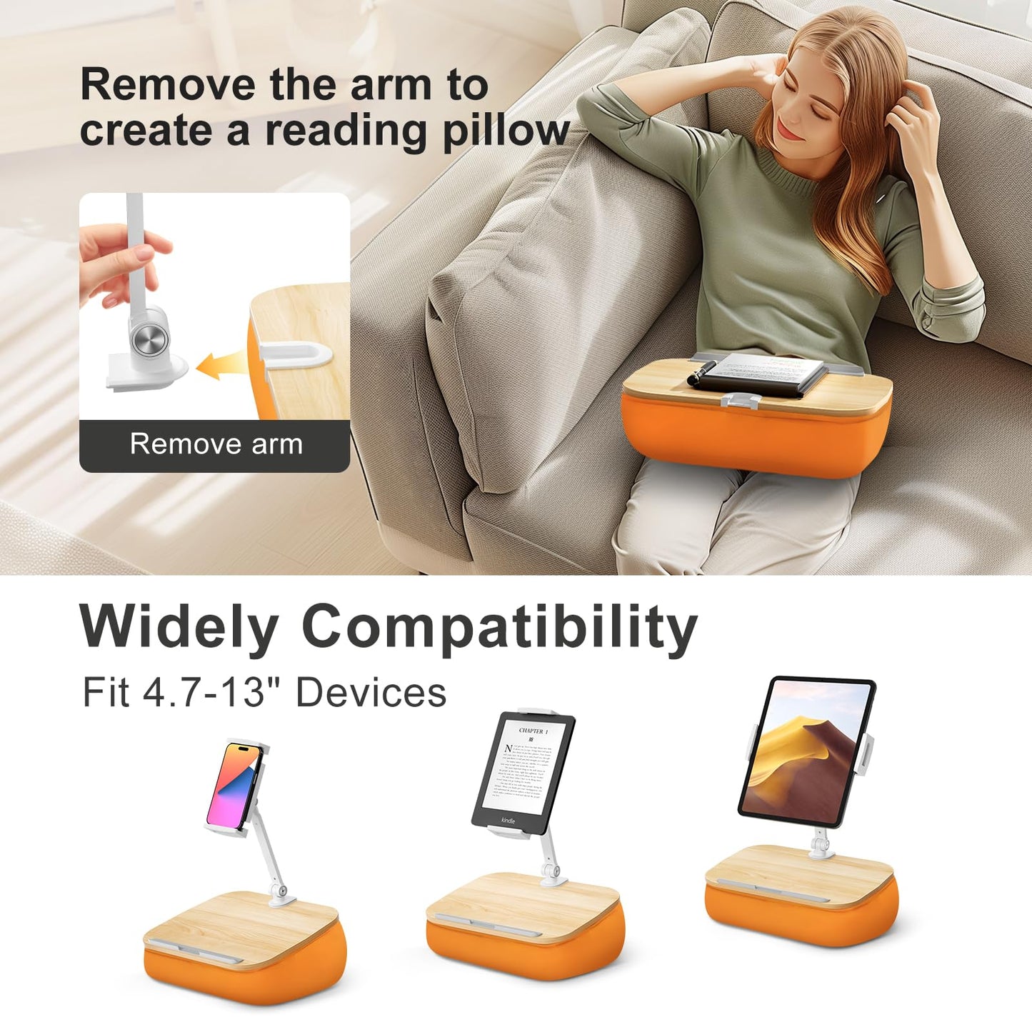 ERGONOV Lap Beanbag Cozy Pillow Stand for Bed with Adjustable Arm, 360° Tablet Holder, Fits 4.7"-13" Kindle, iPad, Phone, Lap Desk for Hands Free Reading in Bed, Couch, Sofa,Orange