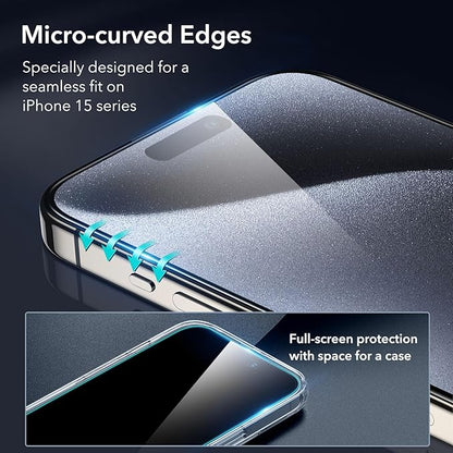 ESR 3+2 Pack for iPhone 15 Pro Screen Protector, 3 Black Edge Tempered-Glass Film and 2 Set Camera Lens Protector, 2.5D Curved Edges, Full-Coverage Military-Grade Protection, Scratch Resistant
