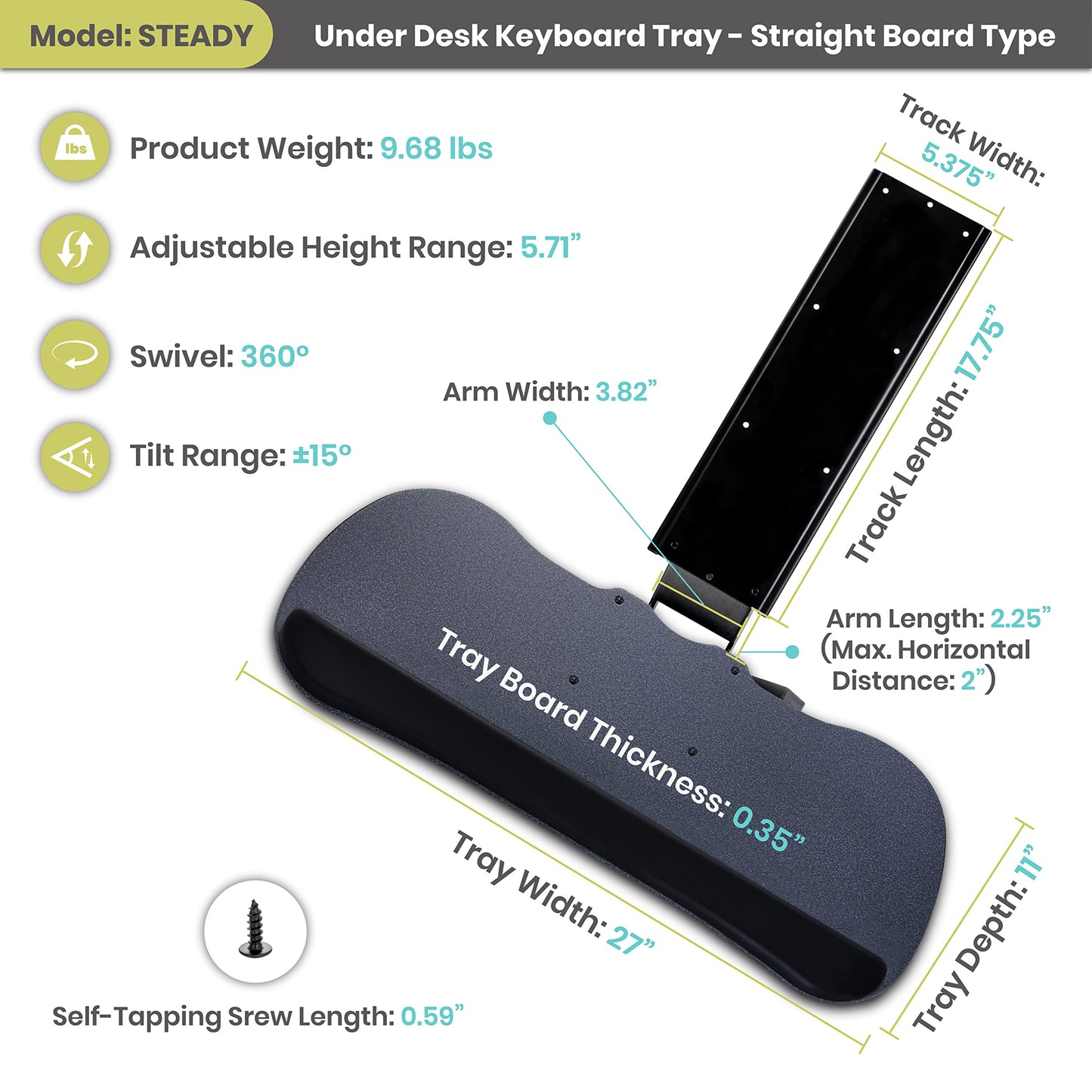 FERSGO Under Desk Keyboard Tray, 27" x 11" Tray, 17.75" Track, One Knob Control, Undermount Sliding Computer Keyboard with Wrist Rest, Adjustable Height and ±15° Tilt