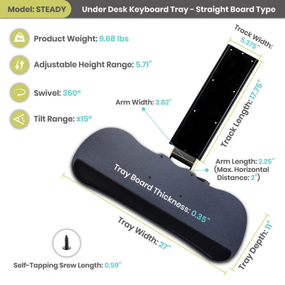 FERSGO Under Desk Keyboard Tray, 27" x 11" Tray, 17.75" Track, One Knob Control, Undermount Sliding Computer Keyboard with Wrist Rest, Adjustable Height and ±15° Tilt
