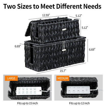 Coeusy Black Cable Management Box,2 Pack Large & Medium Rattan Cable Organizer Box for Power Strip,2 Open Slots Cords Hider Box for TV Wires, Computer, Router, USB Hub and Under Desk Power Strip