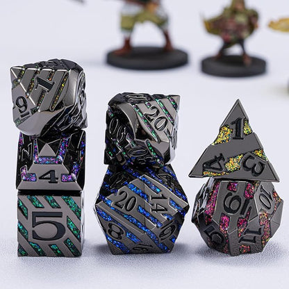 Metallic Glitter Stripes D&D Dice Set,7 PCS Polyhedral Dice Set with Gift Metal Box for Dungeons and Dragons,DND Metal Dice for Tabletop Game (Black Nickel Seven Colors)