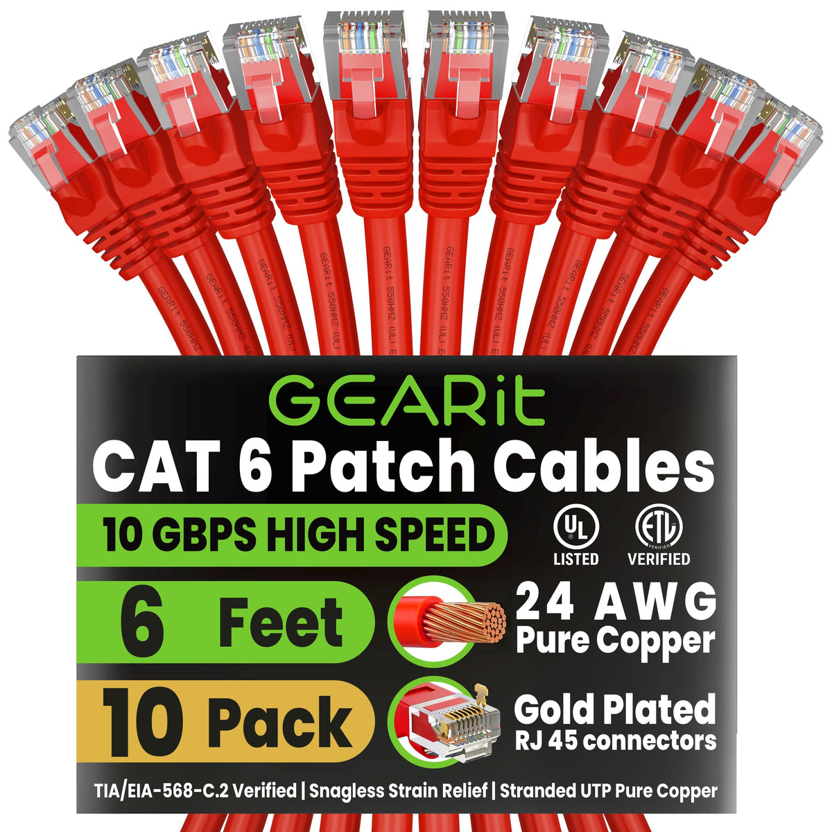 GEARit Cat6 Patch Cables Cat 6 Ethernet Cable 6 ft 10-Pack Green