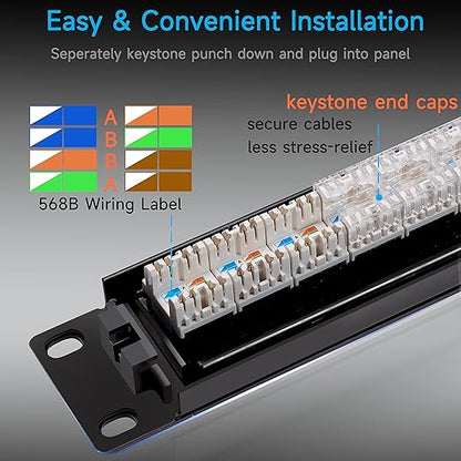 Cat6 Patch Panel 24 Port with Keystone, RJ45 Network Panel 19 Inch, Punch Down Keystone Ethernet Patch Panel with Back Bar
