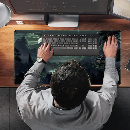 XXL Large Gaming Mouse Pad Anime Green Moon Mountains Desk Mat, Desk Decor Mousepad Computer Mat, Non-Slip Rubber Base Desk Pad, Laptop Keyboard and Mouse Mat with Stitched Edges, 31.5x15.75 in
