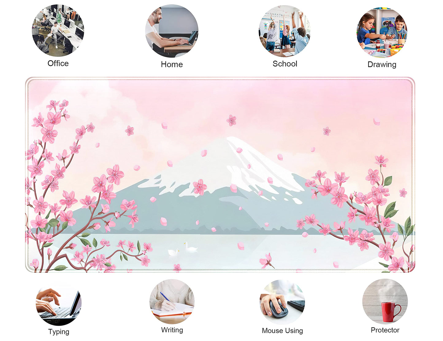 Japanese Desk Mat Pastel Pink Cherry Blossom Mouse Pad Mt Fuji Japan Large Gaming Anime Mousepad XXL 31.5x15.75 in, Kawaii Aesthetic Flower Cute Women Office Decor Computer Laptop Keyboard Mat