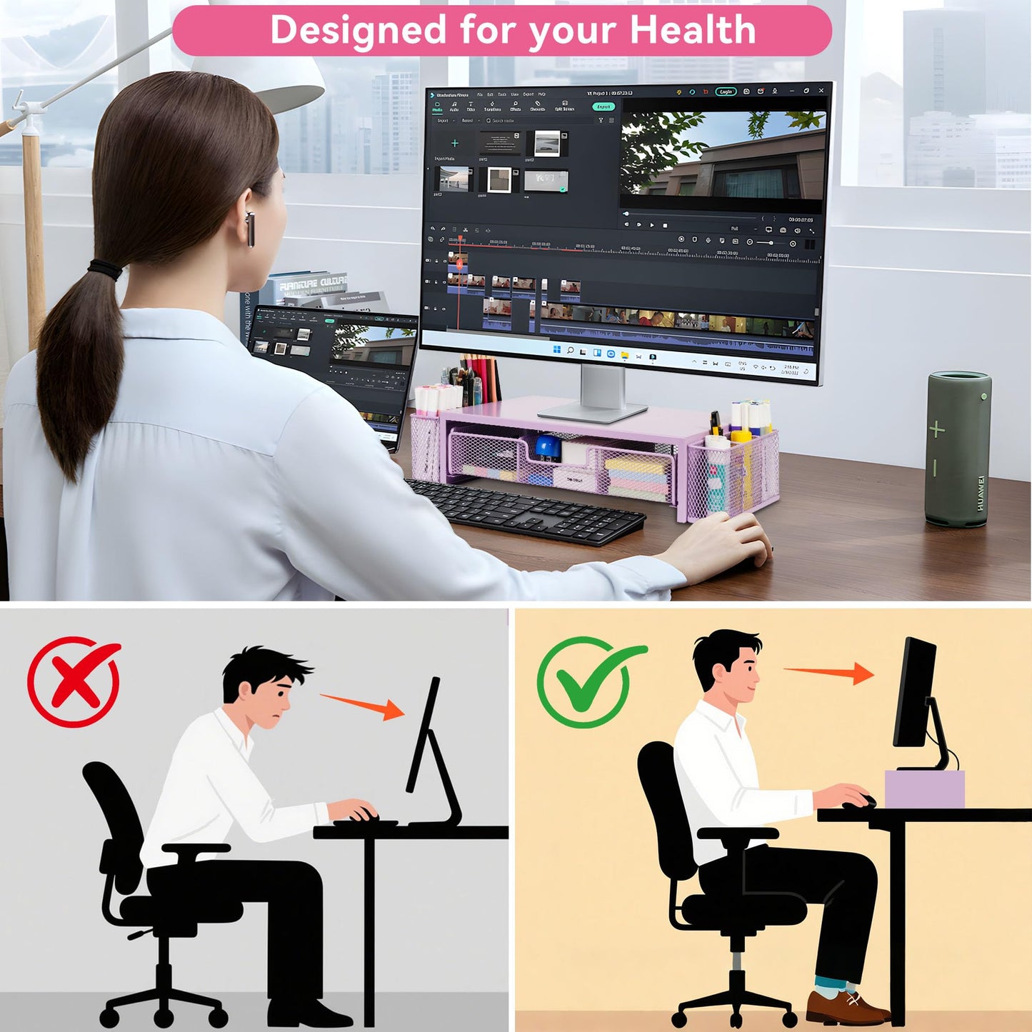 Qupui Computer Monitor Stand Riser with Drawer and Pen Holders, Desk Organizer Shelf and Accessories, Office Desk Accessories, Office Organization, Purple