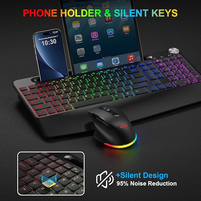 BlueFinger Wireless Keyboard and Mouse Combo Backlit, 2.4G Rechargeable Ergonomic Gaming Keyboard with Wrist Rest, Phone Holder, Volume Knob, Silent Light Up Keyboard with Mouse for Computer Laptop