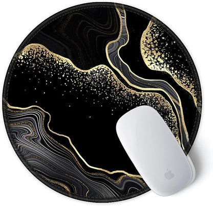ITNRSIIET Round Mouse Pad with Stitched Edge Premium-Textured Waterproof Non-Slip Rubber Base Desktop Protection Mat Diameter 8.7 inches, Black Gold Marbling