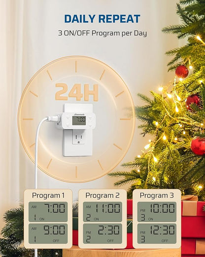 DEWENWILS 24 Hour Programmable Digital Timer Outlet, 2 Pack Timers for Electrical Outlets, Light Timer for Indoor Lamp Fan Aquarium, 1 Grounded Outlet, 125V/15A/1000W, 3 Prong, 1/2 HP