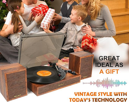 Vinyl Record Player with External Speakers, 3 Speed Bluetooth Turntable for Vinyl Records, Vintage Belt Drive Record Player with Stereo Speakers and Auto Stop, RCA Audio Out and Aux-in,Light Wood