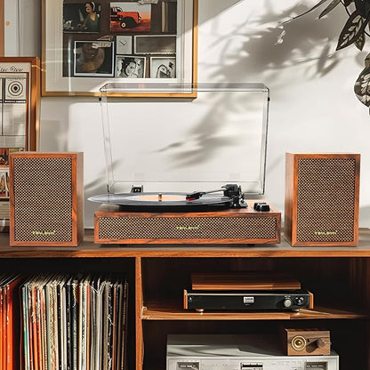 Vinyl Record Player with External Speakers, 3 Speed Vintage Stereo Turntable for Vinyl Records, Bluetooth Input, Auto Stop & Belt Driven System, RCA Out and Aux in - Brown Wood