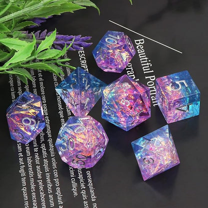 Haxtec Sparkling Sharp Edge Dice Set - Handmade Resin DND Dice with Iridescent Mylar Inclusion, Light Purple and Blue Color Mix-Enchanted Stardust