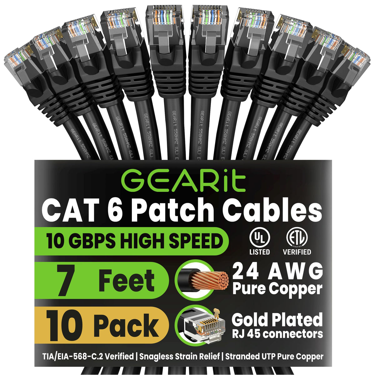 GEARit Cat6 Patch Cables Cat 6 Ethernet Cable 6 ft 10-Pack Green