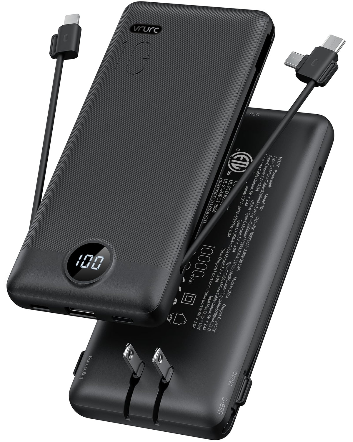 VRURC Portable Charger, Power Bank Built-in Cables and AC Wall Plug