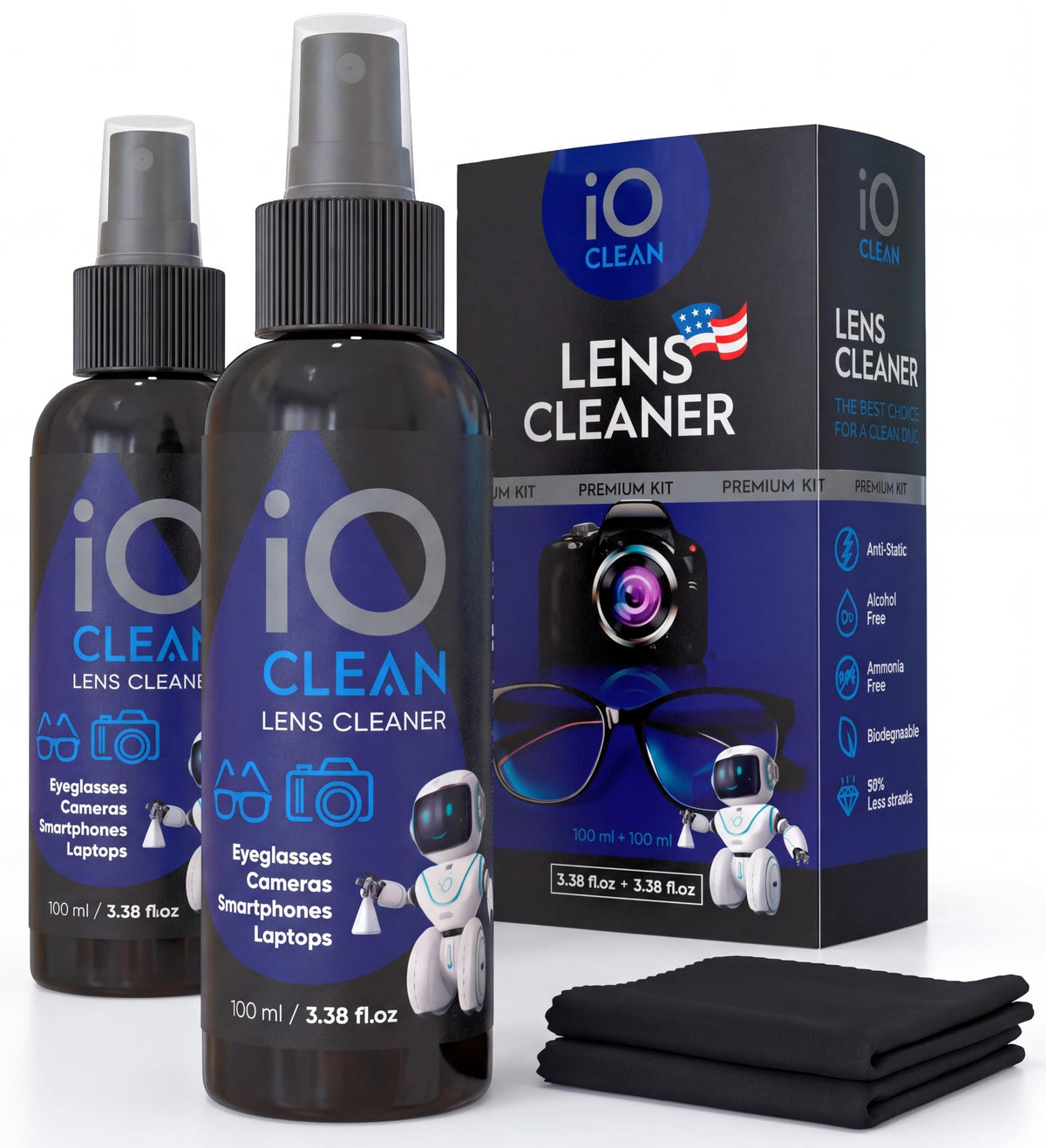 iO CLEAN Eyeglass Cleaner Spray, Glasses Cleaning Kit, 2 Bottles, 2 Cloths