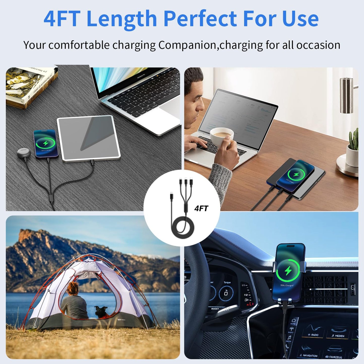 Travel Essentials,Dual Type-C 3 in 1 Multi Charging Cable, 4 FT Universal Charging Cables for All Devices, 2 USB-C/IP/Micro USB Port, Compatible with iPhone 17 16/15 Series/Phone/Tablet, Black