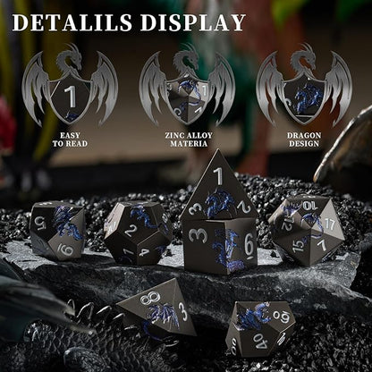 Metal Dice Set D&D,Glitter Blue Dragon Heavy Metallic DND Dice,Polyhedral Dice 7 Piece for Dungeons and Dragon Tabletop Game(Black Glitter Blue Dragon)
