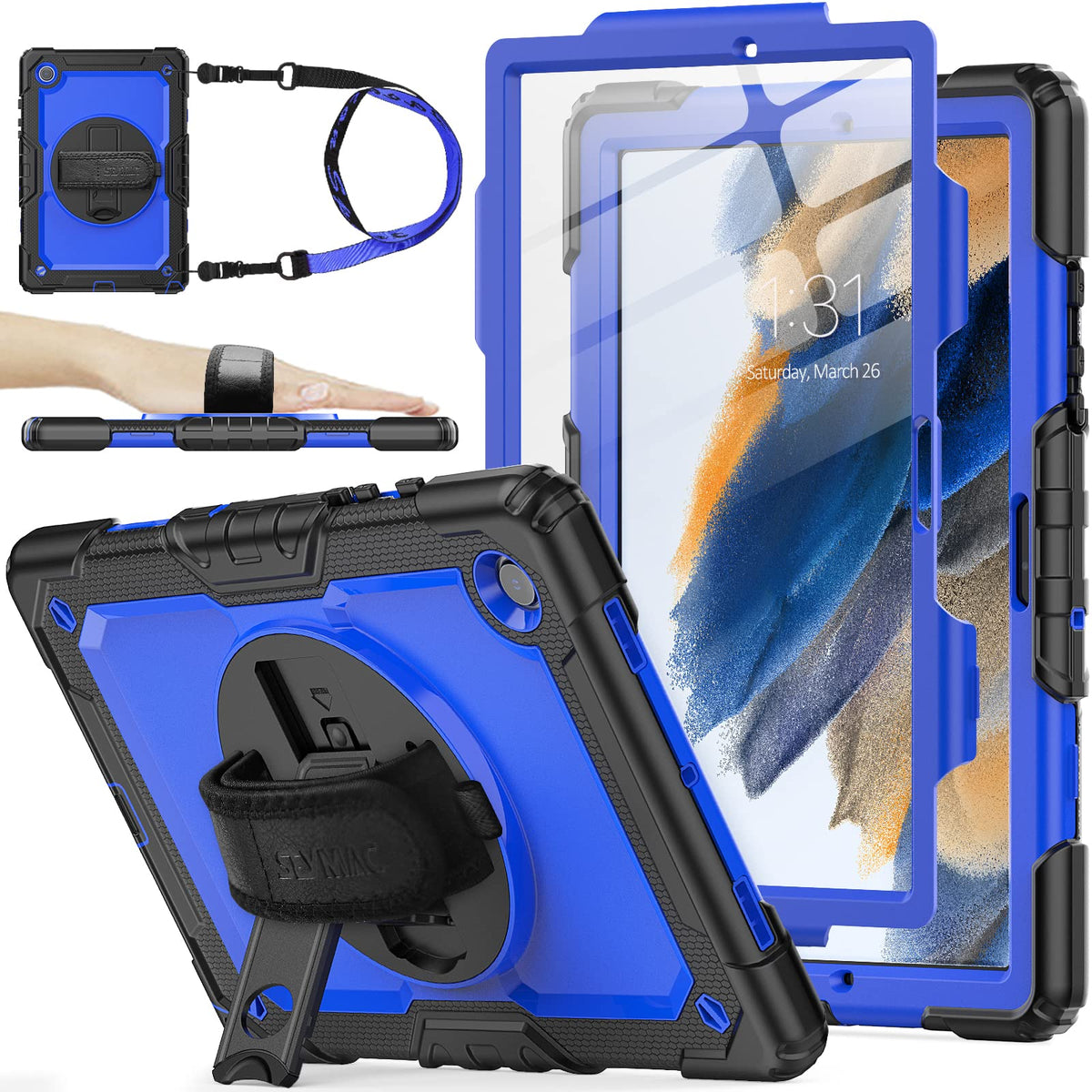SEYMAC stock Case for Samsung Galaxy Tab A11+ Plus/A9+ Plus 11'', Full-Body Drop Protection Case with Screen Protector Pencil Holder [360° Rotating Hand Strap] &Stand, Purple+Colorful