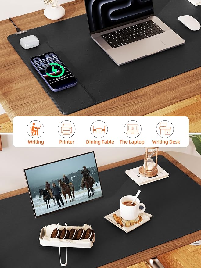 TopMade Mouse Pad with 15W Wireless Charging, XXL Large Leather Desk Mat, Waterproof Gaming Mousepad Home Office Desk Pad Protector, Computer Keyboard Pad, Mouse Mat for for MacBook, PC, Laptop, Black