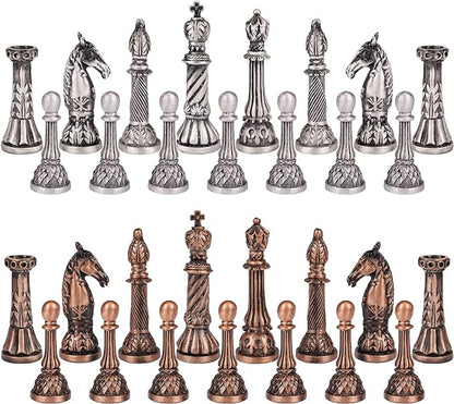Retro Metal Chess Set for Adults and Kids – Marbling Chess Board with Chess Pieces – Travel Chess Set with Metal Pieces – Folding Chessboard – Ideal for Beginners and Professional Players