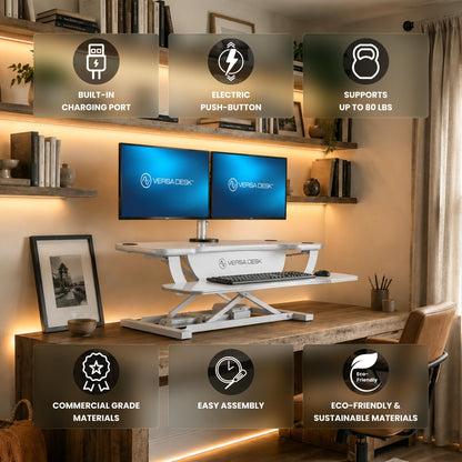 VERSADESK PowerPro 36 Inch Electric Standing Desk Converter – Push-Button Height Adjustable Sit to Stand Desk Riser for Dual Monitors & Laptop – Motorized Desktop Workstation with Wide Keyboard Tray