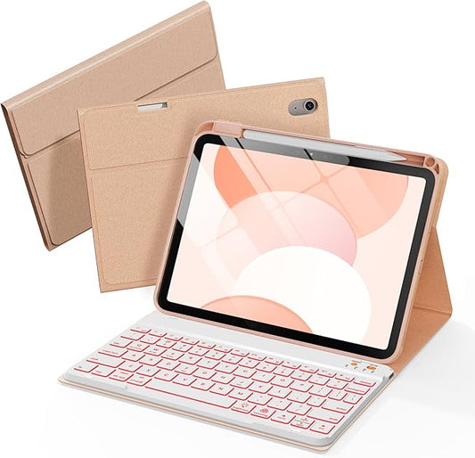Senyoson for iPad A16 Case with Keyboard - 7 Color Backlit Magnetic Wireless Detachable Folio Keyboard Cover with Pencil Holder for iPad 11th 10th Generation, Pink