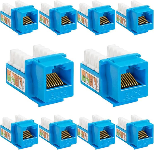 Cmple - Cat6 Keystone Jack 10-Pack 10Gbps RJ45 Keystone Jack 90° Degree Punch Down for RJ45 Connectors, Patch Panel and Wall Plate in Blue