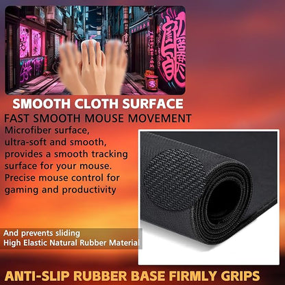 Desk Pad, Anime City Street Scene Desk Mat, Pink Neon Street Large Gaming Mouse Pad for Desk, 31.5"x15.7" Extended Big Computer Keyboard Mouse Pad with Non-Slip Base and Stitched Edge