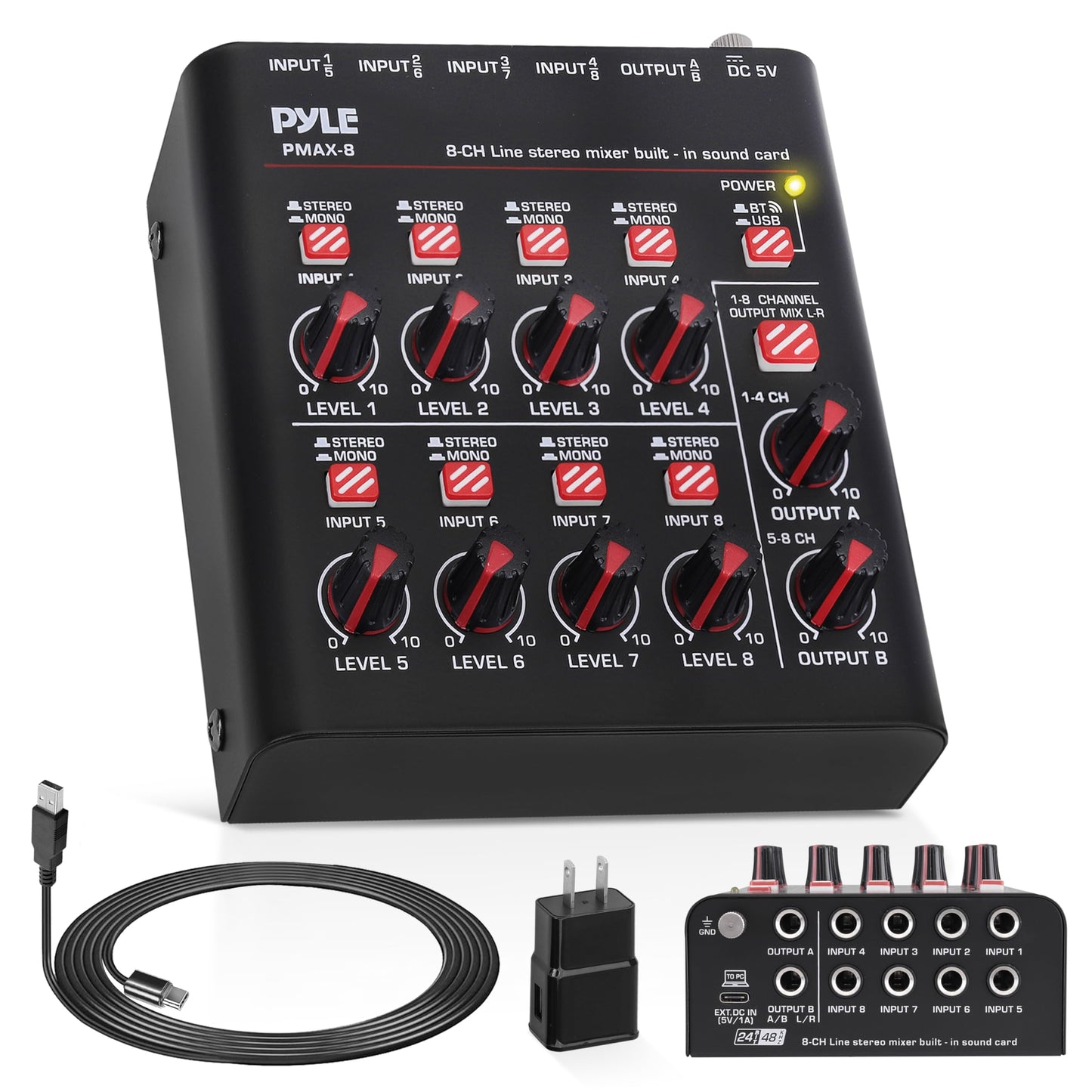 Pyle 8-Channel Bluetooth Mini Line Mixer with USB Audio Interface - 8 Mono/Stereo Switching Inputs | Ultra-low Noise Design with High Headroom | Built-in USB-C Sound Card - PMAX8