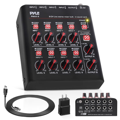 Pyle 8-Channel Bluetooth Mini Line Mixer with USB Audio Interface - 8 Mono/Stereo Switching Inputs | Ultra-low Noise Design with High Headroom | Built-in USB-C Sound Card - PMAX8
