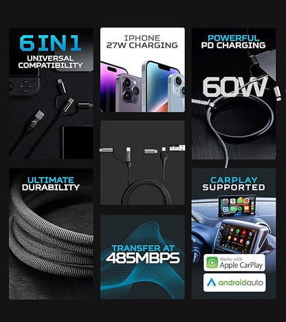 Futurizta Tech [Upgraded] Zeus-X 6-in-1 Universal Multi Cable (6.6ft/2m) Fast Charging 60W Laptop PD, QC3.0 & 27W iPhone Fast Charging & Data Sync, Military Grade Braided with Cable Organizer Strap
